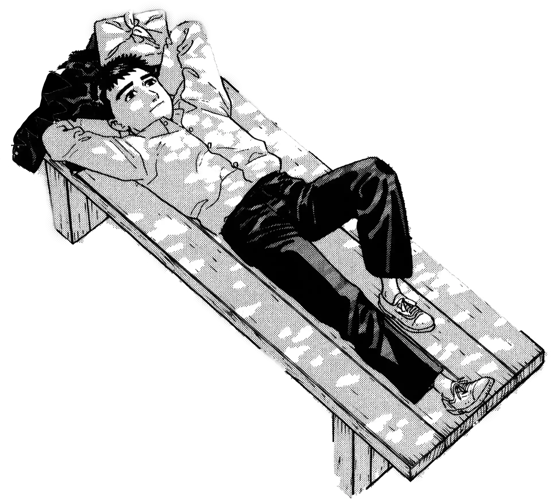 banc sur le quel hiroshi est couché.